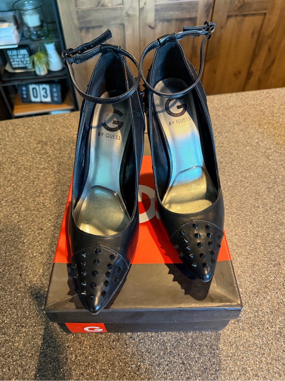 G by Guess Black Studded Pointed Ankle-Strap Pumps